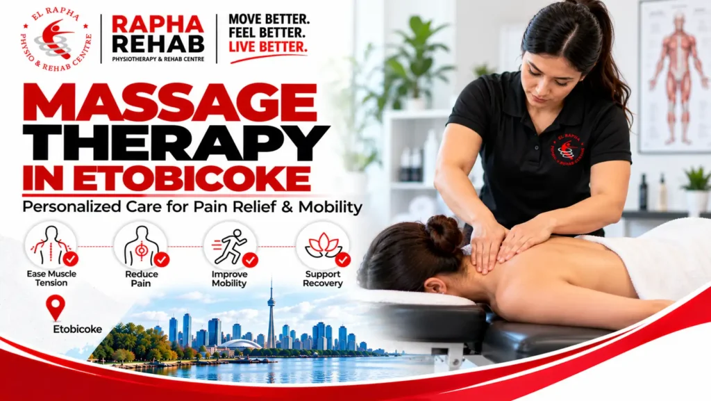 Massage therapy at Rapha Rehab in Etobicoke for muscle tension and pain relief