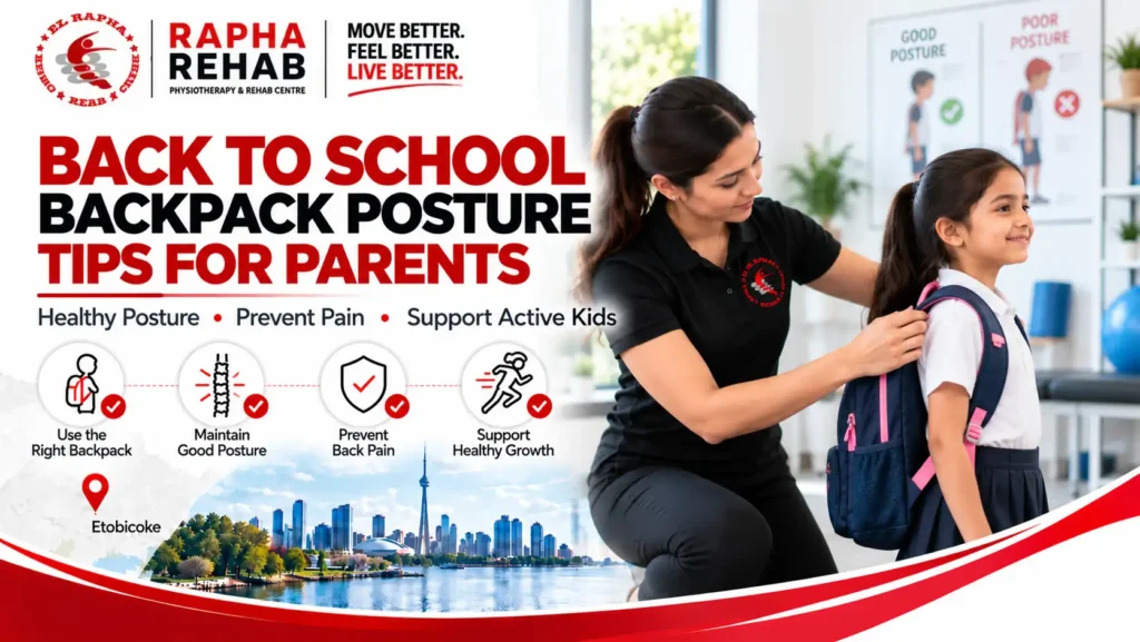 Physiotherapist fitting a school backpack to support good posture